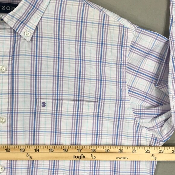 Izod Shirt Men's Medium Purple Plaid Button Down Long Sleeve Pocket Cotton Blend - Picture 12 of 14